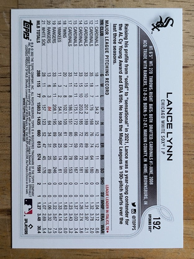2022 Topps Opening Day #192 Lance Lynn