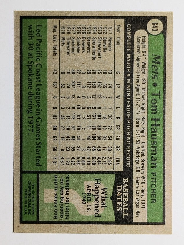 1979 Topps #643 Tom Hausman (EX)