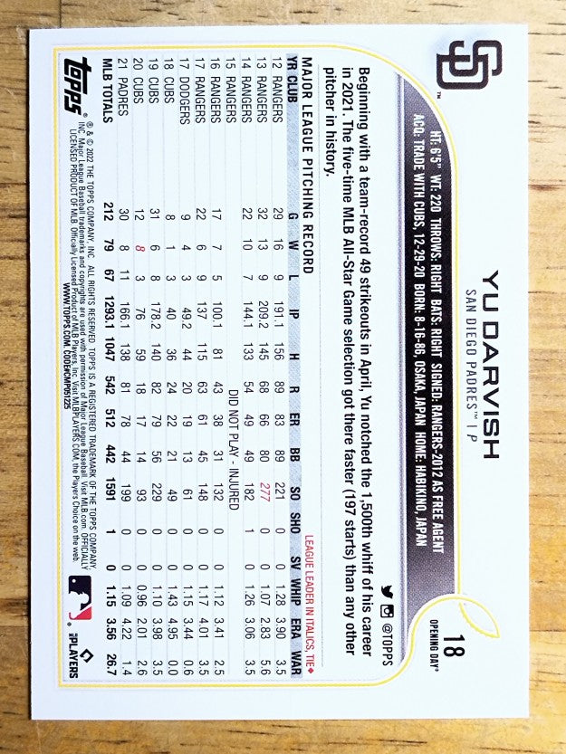 2022 Topps Opening Day #18 Yu Darvish