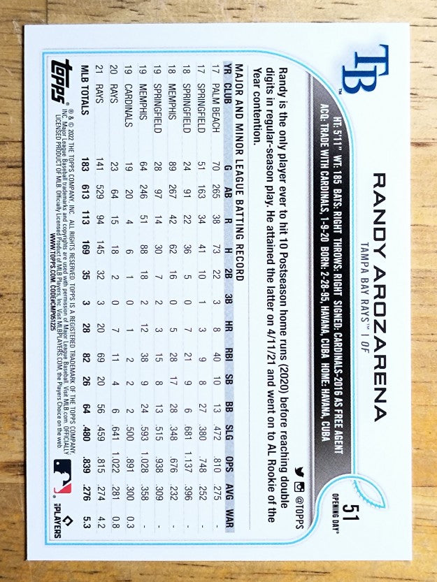 2022 Topps Opening Day #51 Randy Arozarena