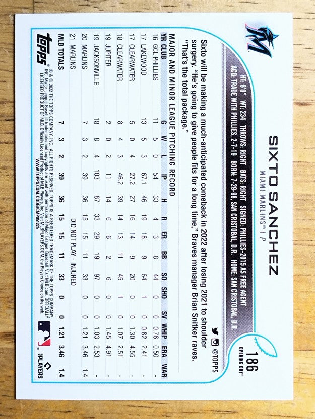 2022 Topps Opening Day #186 Sixto Sanchez