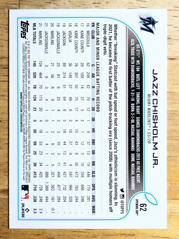 2022 Topps Opening Day #62 Jazz Chisholm Jr.