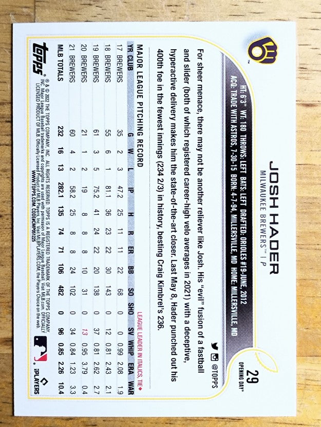 2022 Topps Opening Day #29 Josh Hader
