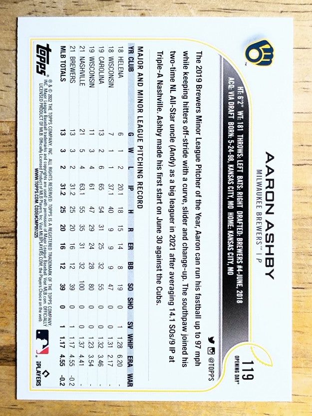 2022 Topps Opening Day #119 Aaron Ashby RC