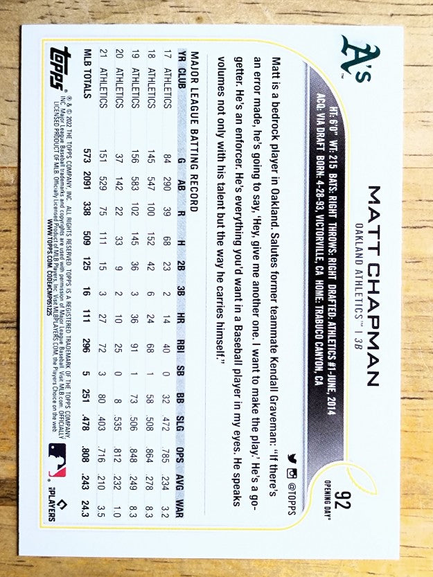 2022 Topps Opening Day #92 Matt Chapman