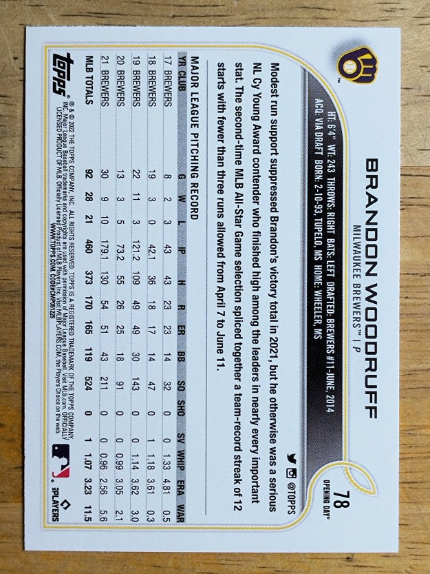 2022 Topps Opening Day #78 Brandon Woodruff