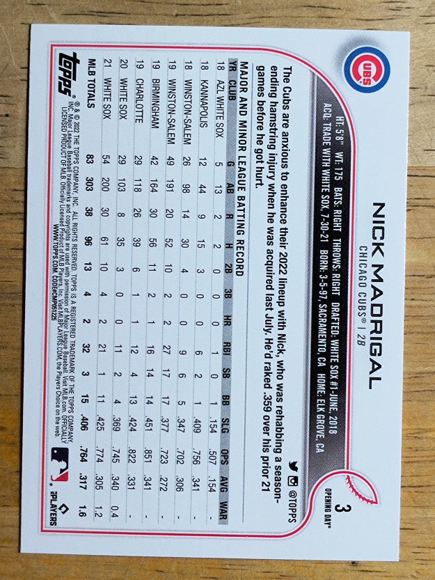 2022 Topps Opening Day #3 Nick Madrigal