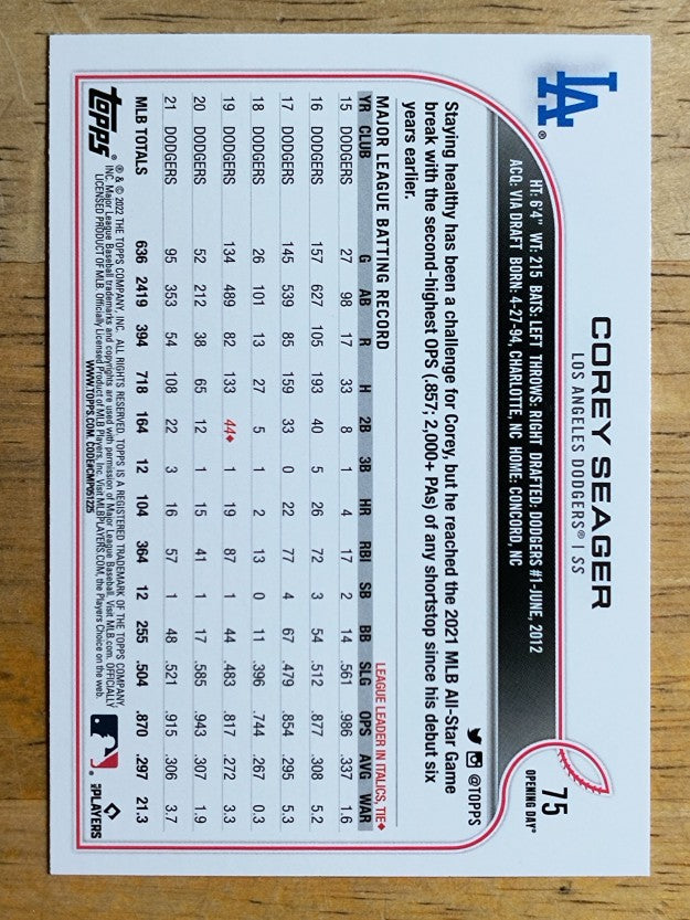 2022 Topps Opening Day #75 Corey Seager
