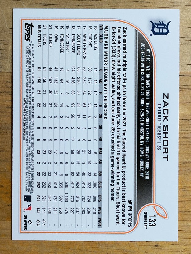 2022 Topps Opening Day #133 Zack Short RC