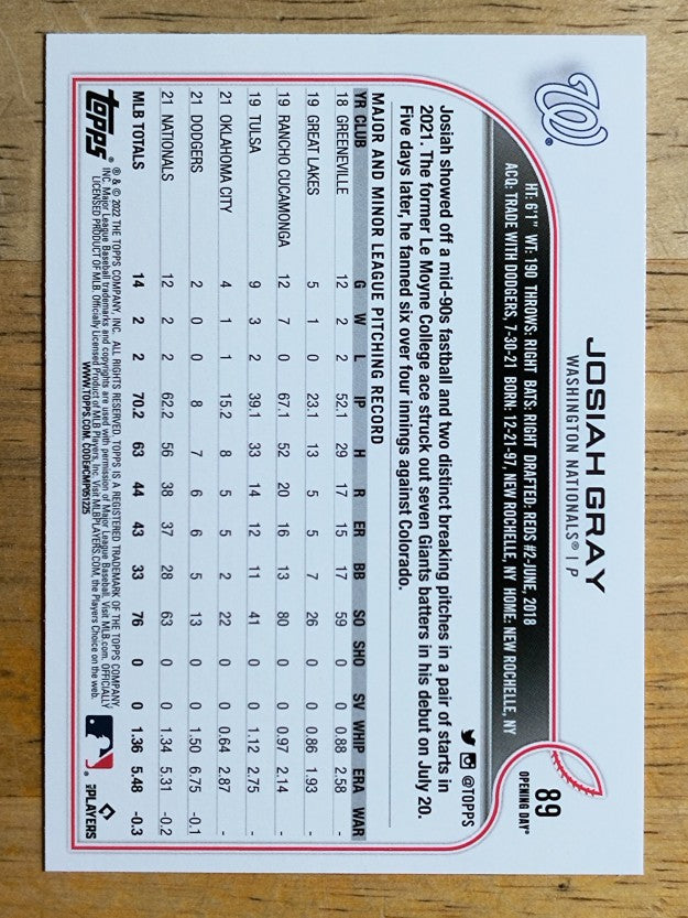 2022 Topps Opening Day #89 Josiah Gray RC