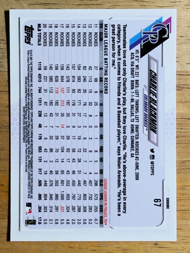 2021 Topps Chrome #67 Charlie Blackmon