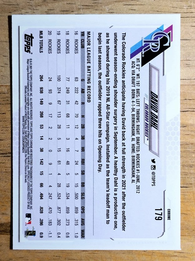 2021 Topps Chrome #179 David Dahl