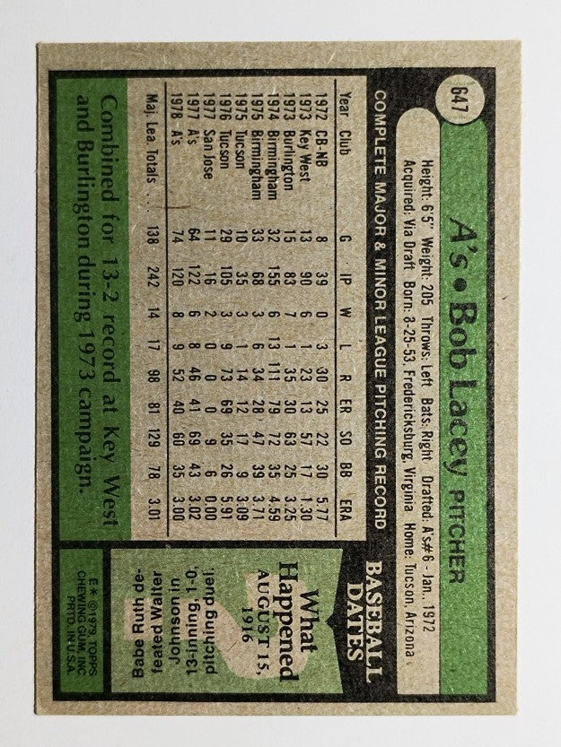 1979 Topps #647 Bob Lacey (EX)