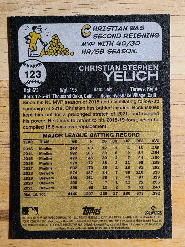 2022 Topps Heritage Chrome Purple Refractors #123 Christian Yelich