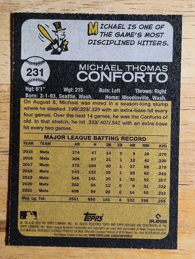 2022 Topps Heritage Chrome Purple Refractors #231 Michael Conforto
