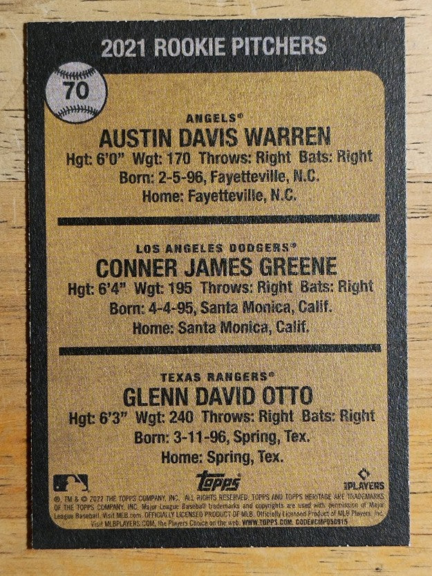 2022 Topps Heritage #70 Austin Warren RC/Conner Greene RC/Glenn Otto RC