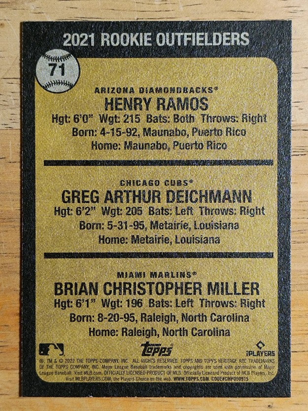 2022 Topps Heritage #71 Henry Ramos RC/Brian Miller RC/Greg Deichmann RC