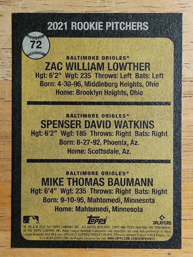 2022 Topps Heritage #72 Mike Baumann RC/Zac Lowther RC/Spenser Watkins RC
