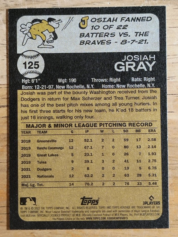 2022 Topps Heritage #125 Josiah Gray RC