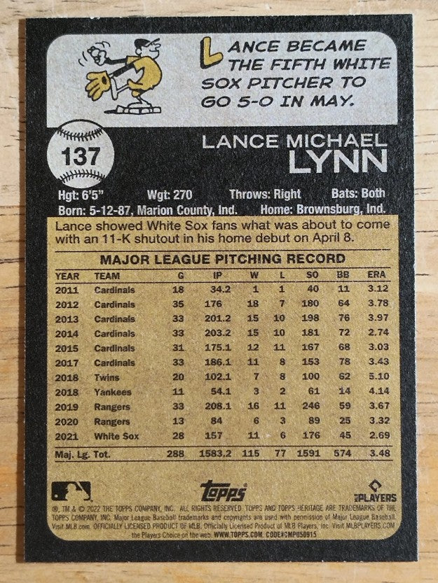 2022 Topps Heritage #137 Lance Lynn