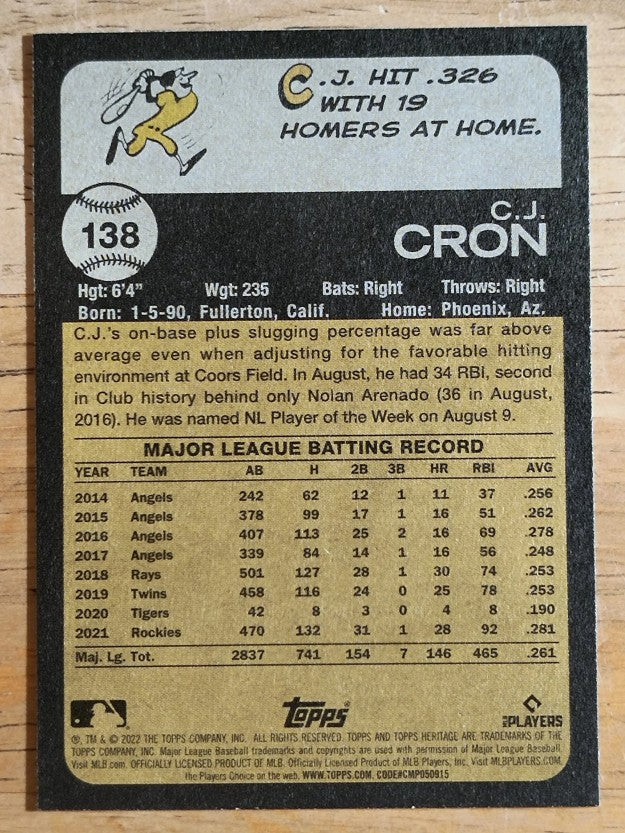 2022 Topps Heritage #138 C.J. Cron