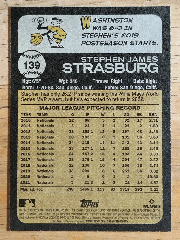 2022 Topps Heritage #139 Stephen Strasburg