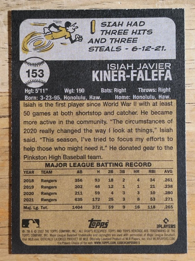 2022 Topps Heritage #153 Isiah Kiner-Falefa