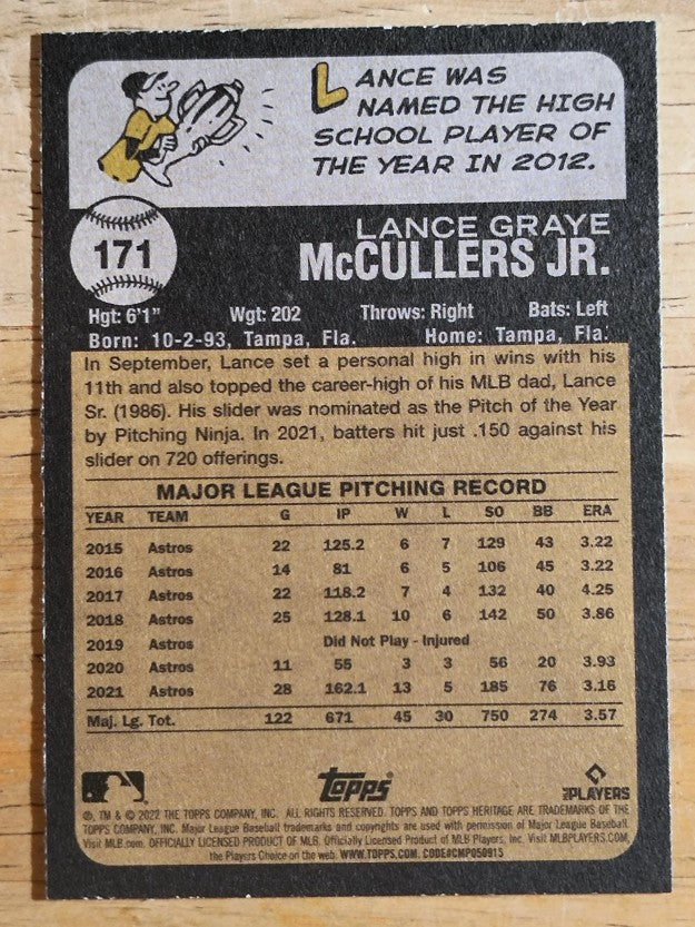 2022 Topps Heritage #171 Lance McCullers Jr.