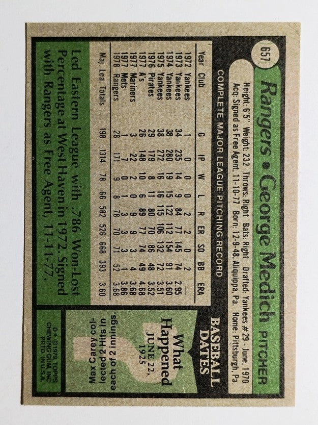 1979 Topps #657 George Medich (VGEX)