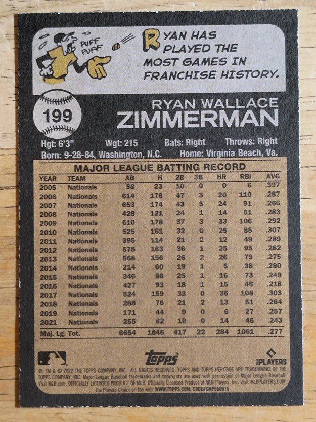 2022 Topps Heritage #199 Ryan Zimmerman