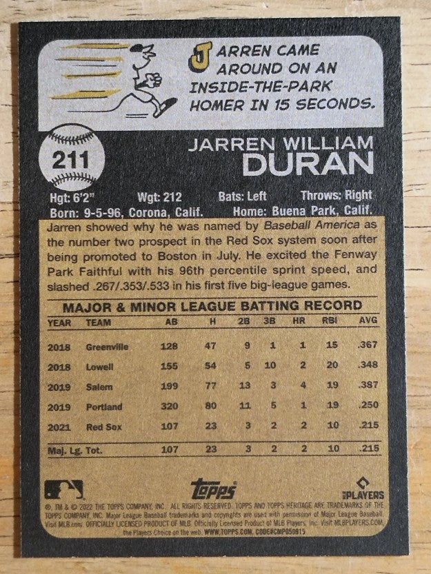 2022 Topps Heritage #211 Jarren Duran RC