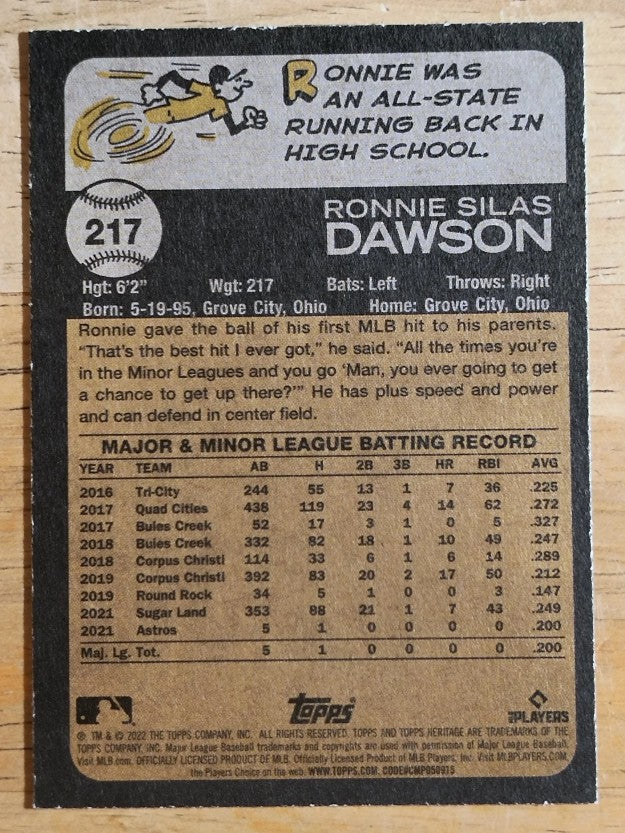 2022 Topps Heritage #217 Ronnie Dawson RC
