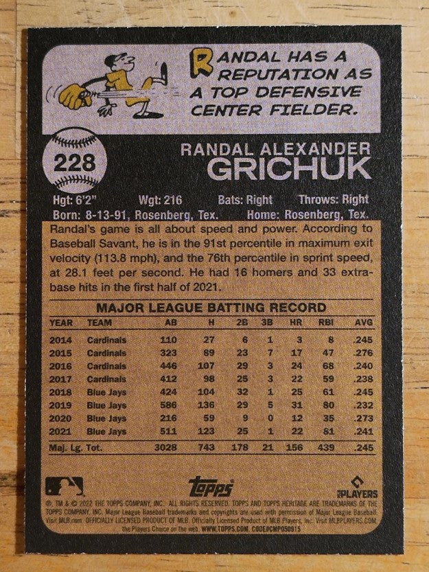 2022 Topps Heritage #228 Randal Grichuk