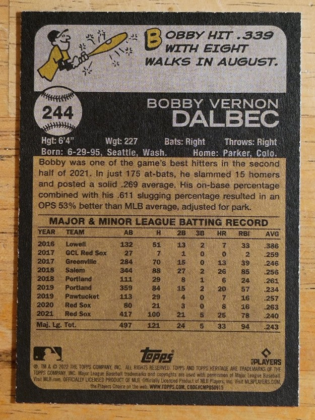 2022 Topps Heritage #244 Bobby Dalbec