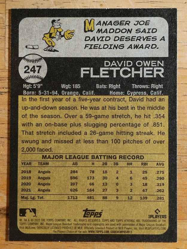 2022 Topps Heritage #247 David Fletcher