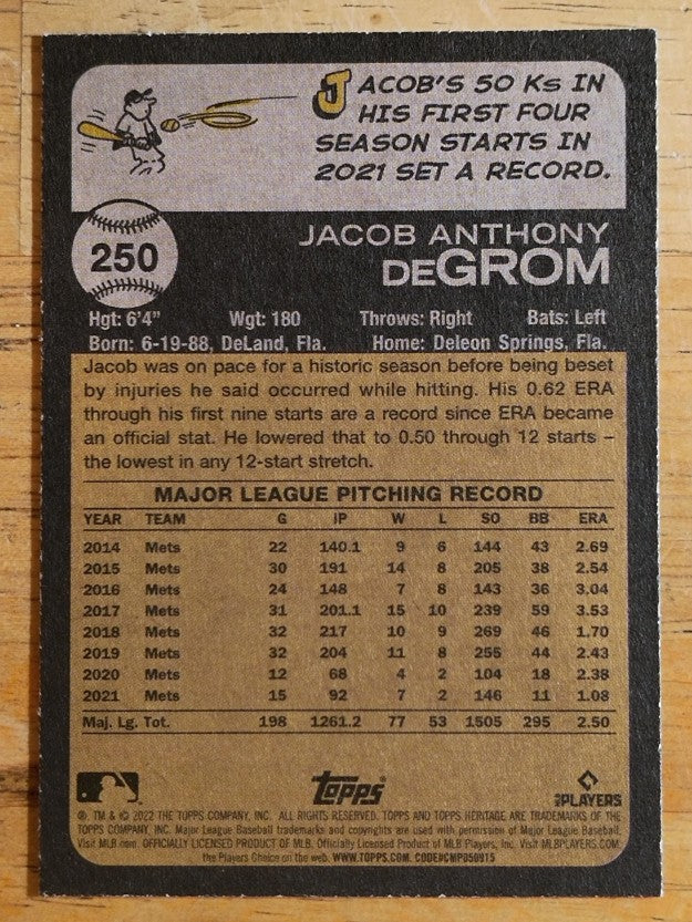 2022 Topps Heritage #250 Jacob deGrom