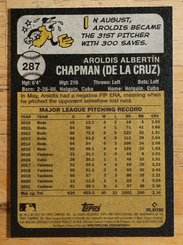 2022 Topps Heritage #287 Aroldis Chapman