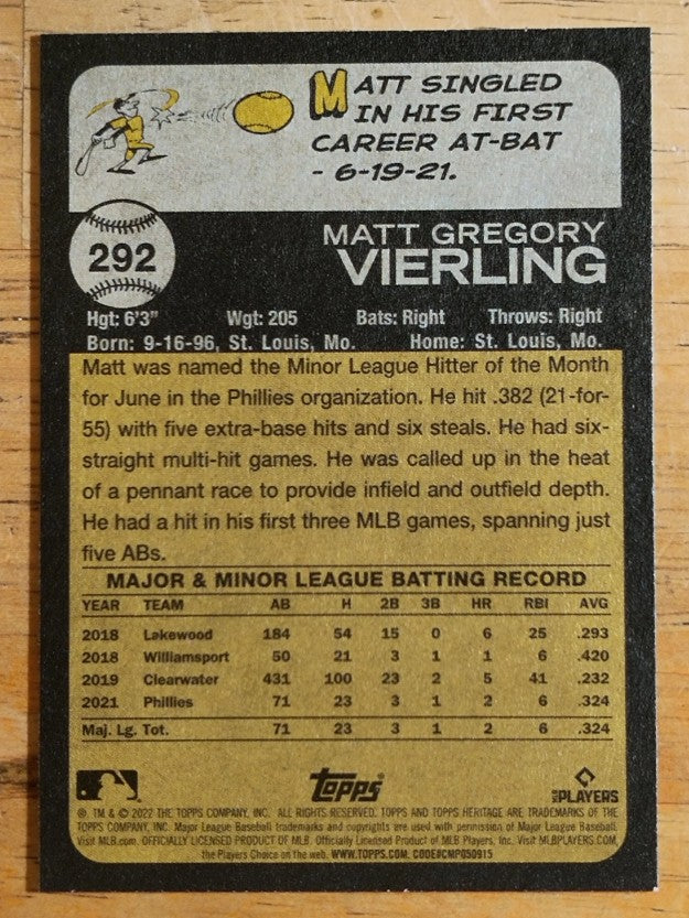2022 Topps Heritage #292 Matt Vierling RC