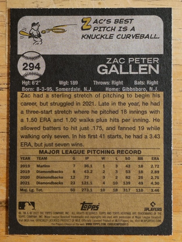 2022 Topps Heritage #294 Zac Gallen
