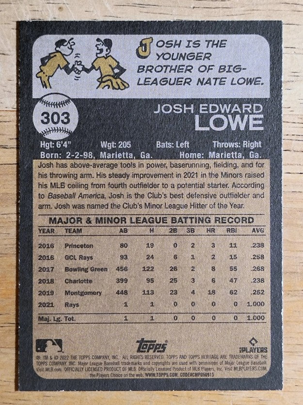 2022 Topps Heritage #303 Josh Lowe RC