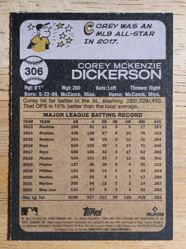 2022 Topps Heritage #306 Corey Dickerson