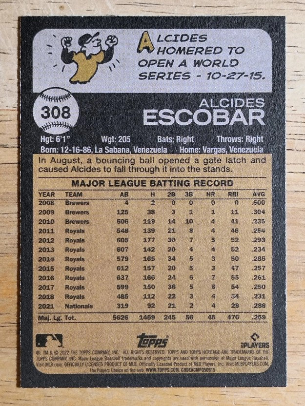 2022 Topps Heritage #308 Alcides Escobar