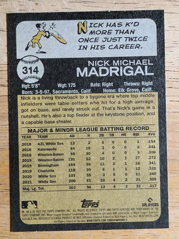2022 Topps Heritage #314 Nick Madrigal