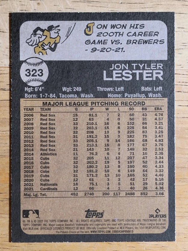 2022 Topps Heritage #323 Jon Lester