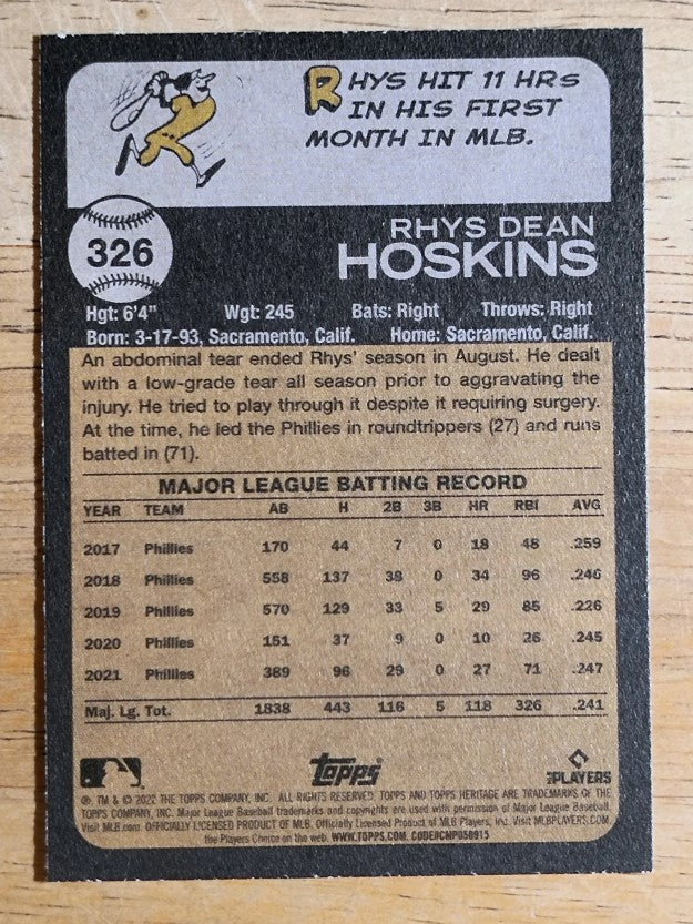 2022 Topps Heritage #326 Rhys Hoskins