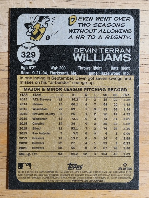 2022 Topps Heritage #329 Devin Williams