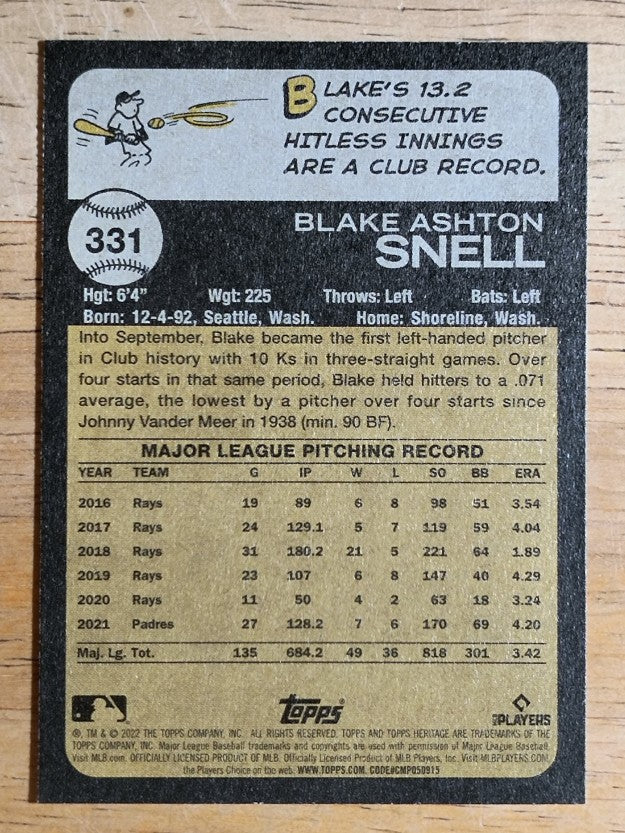 2022 Topps Heritage #331 Blake Snell