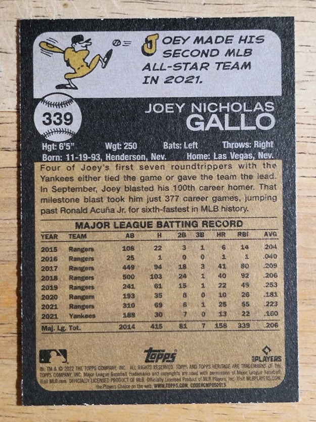 2022 Topps Heritage #339 Joey Gallo