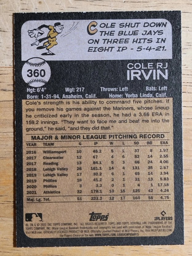 2022 Topps Heritage #360 Cole Irvin
