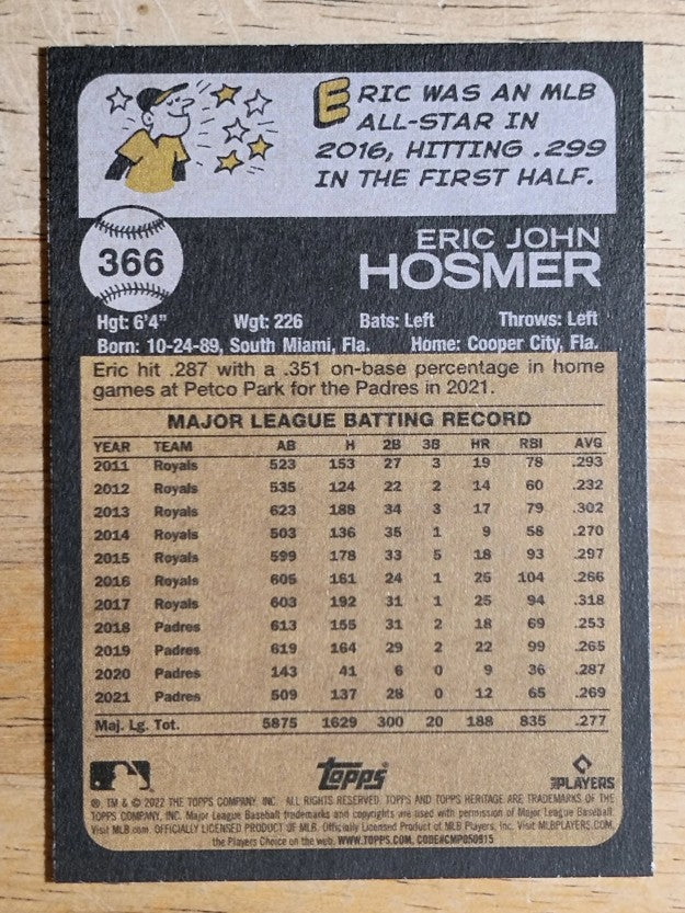 2022 Topps Heritage #366 Eric Hosmer